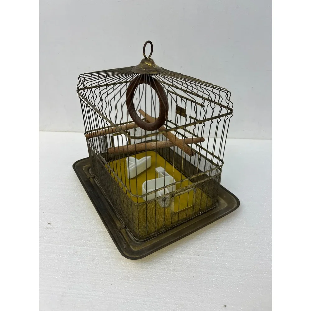 Hendryx Antique Brass Bird Cage Vintage Wire Pet w Porcelain Feeders Perch Gold